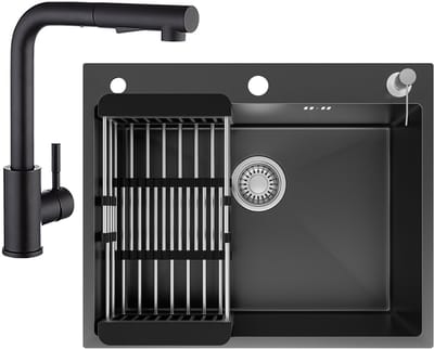 CECIPA max Spoelbak Antraciet 60x49CM - Spoelbak Keuken Met Keukenkraan - Spoelbakken Keuken RVS - Spoelbak Met Kraangat - Spoelbak Met Zeepdispenser - Verstelbaar Mandje - Overloop en Sifon