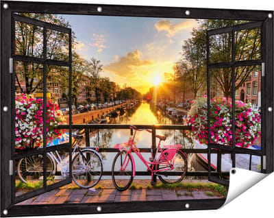 Gards Tuinposter Doorkijk Amsterdamse Brug met Zonsopgang - 120x80 cm - Tuindoek - Tuindecoratie - Wanddecoratie buiten - Tuinschilderij