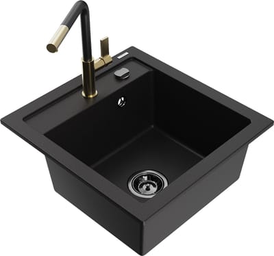 Mexen Vito granieten spoelbak 1-komor met keukenkraan Flora, zwart - 6503-77-670401-57-B
