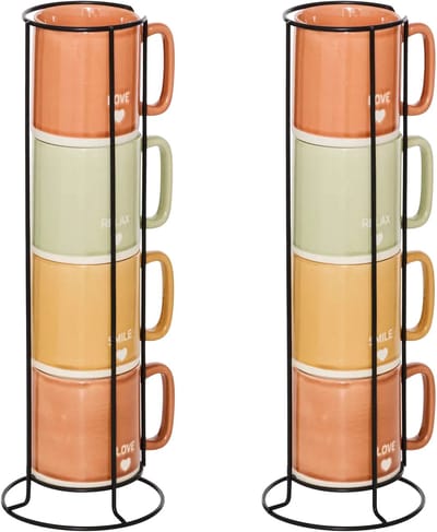 Secret de Gourmet Koffie mokken/bekers Earth - 8x stuks in metalen rekje - Keramiek - glans afwerking - 340 ml - 7 x 9 cm