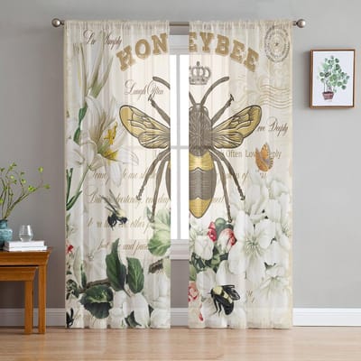 Bij Azalea Retro Bloem Vintage Letters Transparante Gordijnen voor Woonkamerdecoratie Raamgordijnen Keuken Tule Voile Gordijnen W135 x H115cm x1 white