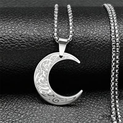 Islamitische Halve Maan Hanger Ketting Voor Vrouwen Mannen Roestvrij Staal Arabische Kalligrafie Koran Sieraden Cadeau gray