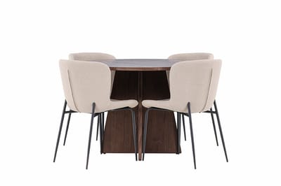 Bootcut eethoek tafel Ø110cm en 4 bouclé stoelen mocca.