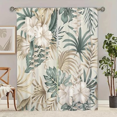 Aquarel Beige Blad Bloem Vintage Raamgordijnen Jaloezieën Voor Woonkamer Kinder Slaapkamer Badkamer Keuken Deur Huisdecoratie 2 Stuks W65X60H(cm)X2Pcs&Grommet Top