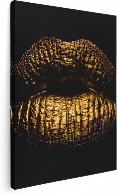 Artaza Canvas Schilderij Lippen Goud - 30x40 cm - Klein - Muurdecoratie Sensueel - Wanddecoratie Vrouw - Kamer Accessoires