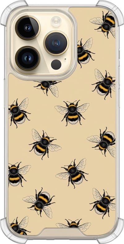 Shockproof hoesje - Geschikt voor iPhone 14 Pro - Bijen print - Extra sterke case - TPU/polycarbonaat - Print / Illustratie - Geel, Transparant