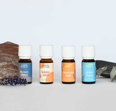 Groeikruid® Discovery - essential oil set | discovery kit met 4 x 10 ml pure etherische olie | Gentle Waves, Dreamy Nights, Holiday Spirit en Mountain High | natuurlijke essentiële olie diffuser blends