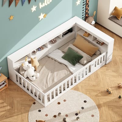 Komhtom Rustbed, 90*200 cm, slaapbank, bedzijde met opbergruimte, lattenbodem (zonder matras), balustrade, spaanplaat, met stopcontact en USB-poort, wit