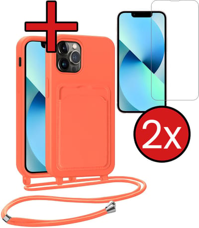 Hoesje Geschikt voor iPhone 13 Pro Hoesje Met Telefoonkoord en Pasjeshouder Met 2x Screenprotector Siliconen - Hoes Geschikt voor iPhone 13 Pro Hoesje Met Kaarthouder Case - Papaya