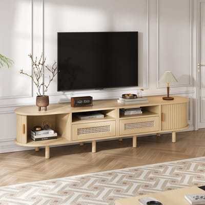MODENUIT Tv-Meubel - Ovale Vorm Met 2 Laden En 2 Schuifdeuren - Voor Woonkamer - MDF Licht Eiken - 170x40x40 Cm