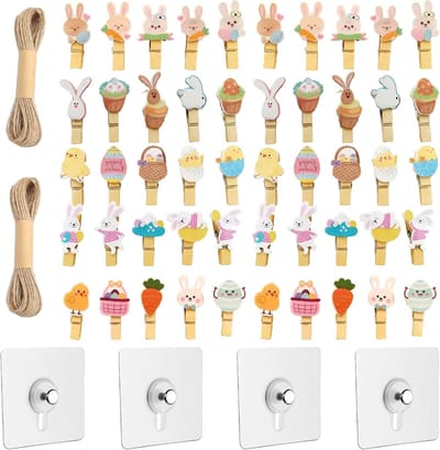 Set van 50 Paashaas Wasknijpers met 2 Rollen Touw van 10 Meter en 4 Plakstrips voor Creatieve Paasdecoraties en Foto's