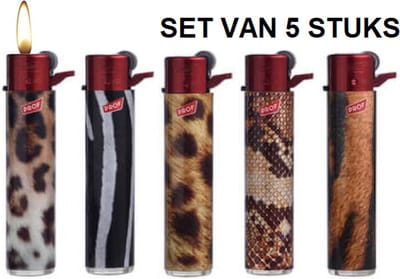 5x PROF Animal Aanstekers met dierenprint (normale vlam en flint ontsteking) - set van 5 stuks