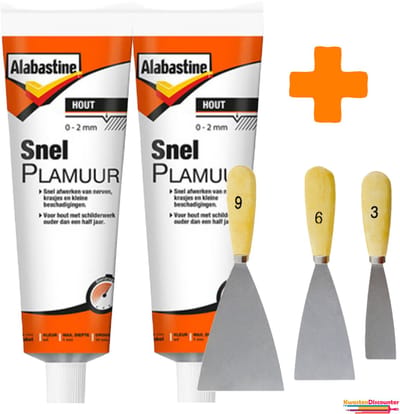 Alabastine SnelPlamuur Hout - 2x225 gram + KD Plamuurmes Set 3-Delig (3cm, 6cm, 9 cm)
