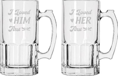 Gegraveerde set bierpullen 1ltr I loved him first - I loved her first