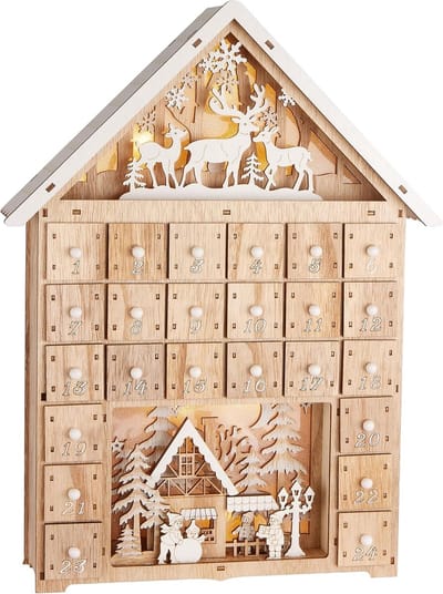 BRUBAKER Adventskalender om te Vullen - Kersthuis 2024-40 cm Houten Kerstkalender met LED-Verlichting - Rendieren in het Bos, Sneeuwdorp met Kinderen - Huiskalender Verlicht