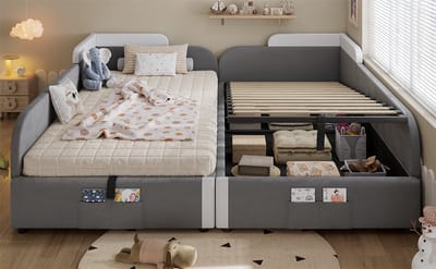REDOM kinderbed 90x200 cm – Fluweel wit/grijs – Hydraulische opbergruimte, zachte bedrand, opbergtas – 150 kg