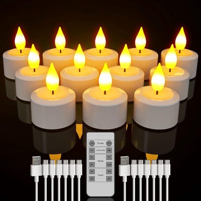 Famanu - Oplaadbare theelichtjes met afstandsbediening, 12 stuks batterij vlamloze theelichtjes met timer en USB-C oplaadkabels voor thuis, kamer, tafel, Halloween, kerstversieringen