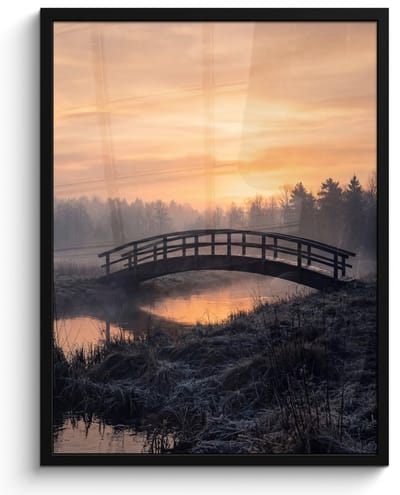 Poster in lijst - Fotolijst 60x80 cm - Posters - Brug - Mist - Bomen - Water - Posterlijst zwart - Decoratie - Wanddecoratie woonkamer - Muurdecoratie slaapkamer