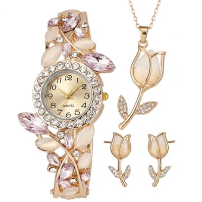 Roségoudkleurig analoog horloge dames – rond uurwerk met kristal accenten en roze sierstenen – decoratieve gevormde polsband – quartz horloge