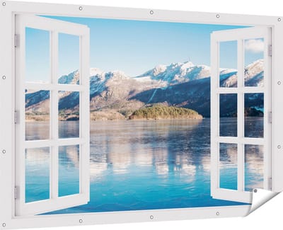 Gards Tuinposter Doorkijk Meer bij het Bergen Landschap in Noorwegen - 180x120 cm - Tuindoek - Tuindecoratie - Wanddecoratie buiten - Tuinschilderij