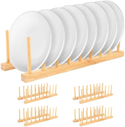 Dailygoods- Bordenstandaard 5 Stuks - Bordenhouder - Afdruiprek - Houten Serviesstandaard - Pannendekselhouder - 8 Sleuven - Bordenrek