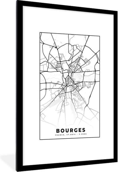Fotolijst incl. Poster Zwart Wit- Stadskaart - Plattegrond - Bourges - Kaart - Frankrijk - Zwart wit - 80x120 cm - Posterlijst