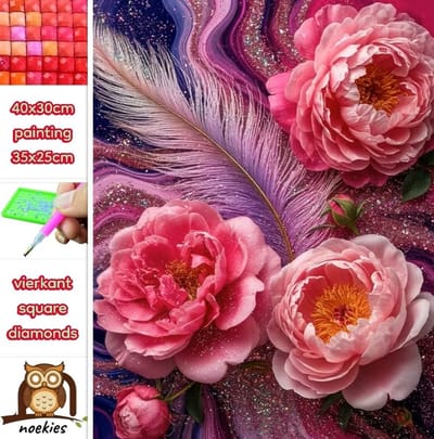 40x30cm Diamond Painting roze bloemen veer (vierkant) nr 176