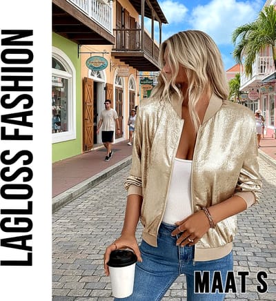 LaGloss® Dames Lichtgewicht Gouden Folie Honkbal Jasje – Elegante Zip-Up Jas met Lange Mouwen – Modieuze en Stijlvolle Metallic Look, Comfortabele Pasvorm – Maat S
