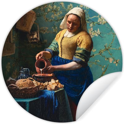 Behangcirkel - Melkmeisje - Van Gogh - Amandelbloesem - Kunst - Oude meesters - Zelfklevend behang - Behangsticker - Woonkamer decoratie - Wanddecoratie rond - 80x80 cm - Muurdecoratie cirkel - Wandcirkel - Muurcirkel binnen