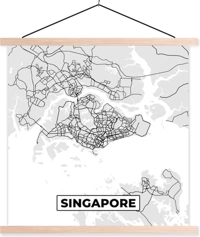 Posterhanger incl. Poster 40x40 cm - Schoolplaat - Singapore - Plattegrond - Stadskaart - Zwart Wit - Kaart - Textielposter - Blanke latten - Stadskaart