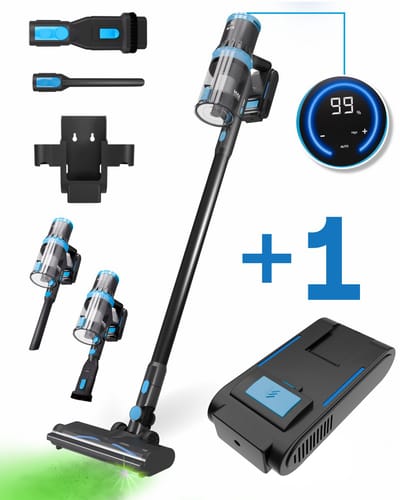 CleanWise Rita + Extra accu - Steelstofzuiger Draadloos met Kruimeldieffunctie – Zonder Zak op Accu – 30kPa Zuigkracht – Groene Laser – HEPA 14 Filter – Lichtgewicht 1,5 kg – Tot 60 Min Accuduur – Voor Huisdierharen – Nederlands Product