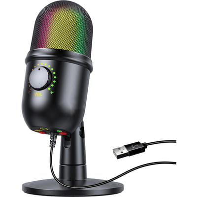 RGB-condensatormicrofoon Cardioïde USB-microfoon met kleurrijk lichteffect OneButton Mute Realtime zwart