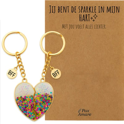 BFF Sleutelhanger voor 2 'Jij bent de sparkle in mijn hart' - Magnetisch Glitter Hartje - Sleutelhanger set op Cadeau Kaartje - Goudkleurig - Vriendschap Symbool - Pax Amare