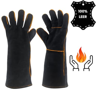 Dutchers® BBQ Handschoenen - Koeienhuid Leer – Hittebestendig tot 260°C – Lange Mouwen – Barbecue Handschoen - Ovenwanten - Pannenleggers - Pannenl- Werkhandschoen - Ovenhandschoen - Antislip Grip & Versterkte Palm – Voor Openhaard, Haard en Grill