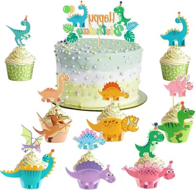 23-delige Dino Cupcake Wrapper Set met 6 Muffin Mallen en 17 Decoraties voor Kinderfeestjes en Verjaardagen, Perfect voor Dino-Thema en Bakplezier