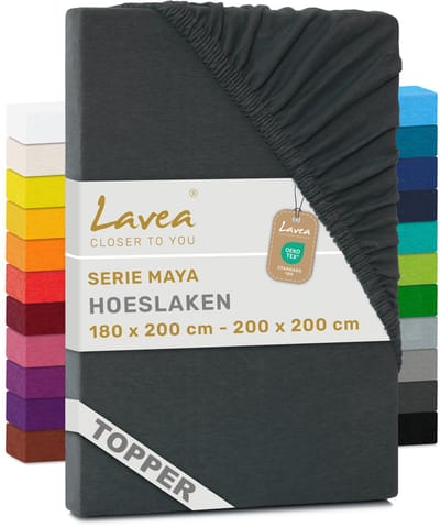 Lavea® Hoeslaken voor Topper/Topmatras 180x200 cm – 100% Katoen Jersey – Geschikt voor Topmatrassen tot 10 cm – Met Elastiek Rondom – OEKO-TEX Gecertificeerd – Antraciet