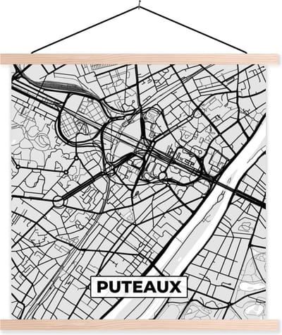 Posterhanger incl. Poster 40x40 cm - Schoolplaat - Puteaux - Frankrijk - Plattegrond - Kaart - Stadskaart - Textielposter - Blanke latten - Stadskaart
