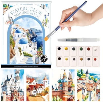 Ainy Aquarel verf set nummer 8 Europese steden voor kinderen en volwassenen | Waterverf Pakket met Aquarelpapier & penseel | Knutselen voor meisjes & jongens | Schilderen op kleurboek | Creatief hobby cadeau | Tekenen & kunst | Schilderset werkboek