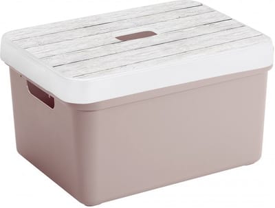 Sunware opslagbox - 13 liter - roze - kunststof - 35 x 25 x 18 cm - met afsluitbare deksel in houtnerf print