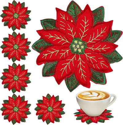 Daity 10 stuks kerstgeborduurde onderzetters - dubbele onderzetters met kerststerrenapplicatie - kerstbloemenonderzetters - geschikt voor Kerstmis - winterfestivals - huis - keuken - kantoor en bureaubladdecoratie (4 x 4 inch)