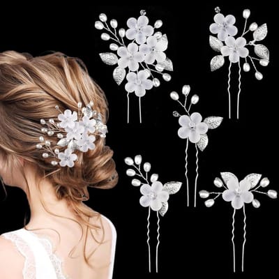 Elegante Haaraccessoires voor Bruiden - 5 Stuks U-vormige Haarclips met Parel en Bloemdesign voor Dames en Meisjes
