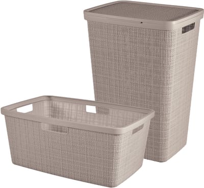 Curver Jute Wasmand met deksel 58L + Wasmand 46L - Taupe