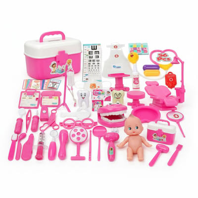 TEKROA® Doktersset Kind - Rollenspellen voor peuters - Speelgoeddoktersset - 70-delige Dokterskoffer met Doktersjas & Stethoscoop - Tandarts & Dierenarts Speelgoed - Educatief Rollenspel - roze