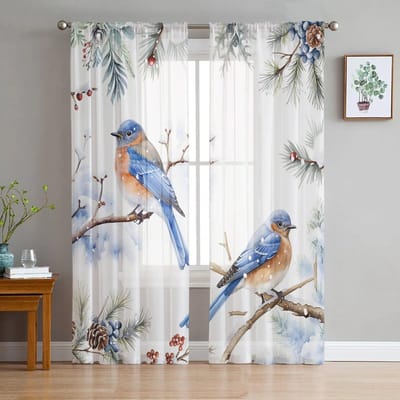 Kerstmis Winter Spotvogel Blauwe Gordijnen Voor Woonkamer Slaapkamer Keuken Decoratie Raam Tule Gordijn 135W x 114H(cm) white