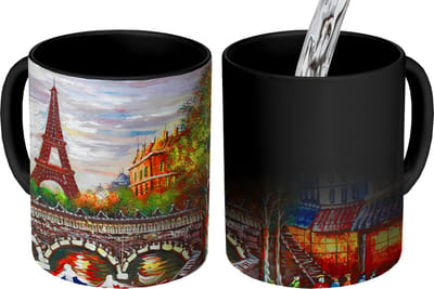 Magische Mok - Foto op Warmte Mokken - Koffiemok - Schilderij - Olieverf - Eiffeltoren - Parijs - Water - Magic Mok - Beker - 350 ML - Theemok