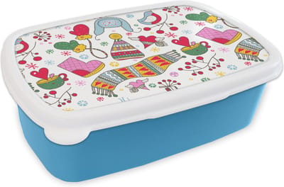 Broodtrommel Blauw - Lunchbox - Brooddoos - Patronen - Winter - Kerst - 18x12x6 cm - Kinderen - Jongen