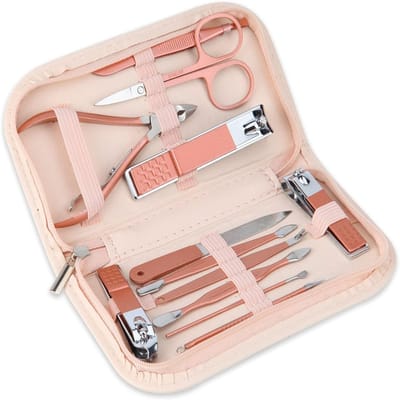 QTTVBTNA - 12-delige Manicure- en Schoonheidstools - Professionele Nagelverzorging - Draagbaar - Met opbergzak - Geschikt voor handen, voeten en gezicht - Roze - 1 set