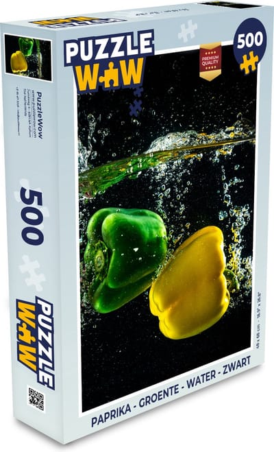 Puzzel Paprika - Groente - Water - Zwart - Rood - Groen - Geel - Legpuzzel - Puzzel 500 stukjes