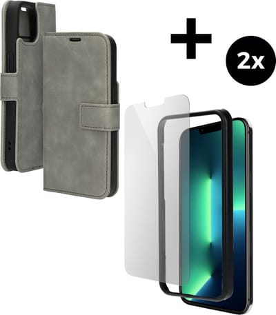 Mobiparts Classic Wallet hoesje geschikt voor Apple iPhone 14 Plus met 2 Screenprotectors van Gehard Glas - Grijs