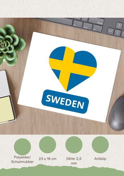Akyol - sweden vlag hartje Muismat - Zweden - reizigers - toerist - verjaardagscadeau - souvenir - vakantie - 23 bij 19 cm
